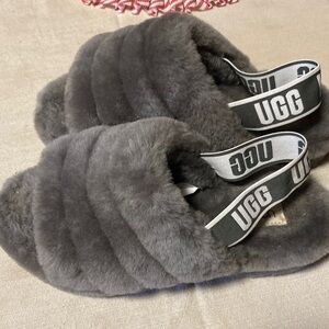 UGG Gray Plush Slippers with Logo Strap